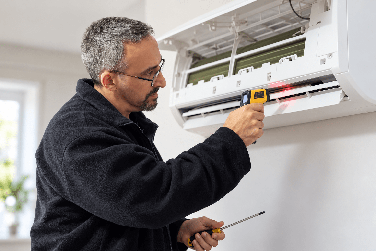 Horacio revisando la temperatura de un aire acondicionado